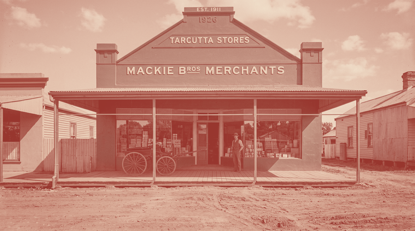 Mackie Bros Merchants on Sydney Street, Tarcutta - a warm terracotta-toned heritage photograph of the trading store, established 1911.